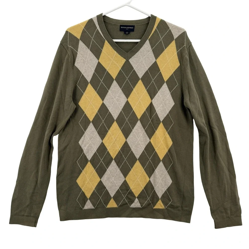 Banana Republic Sweater Mens Medium Olive‎ Green Argyle V Neck Pullover Preppy